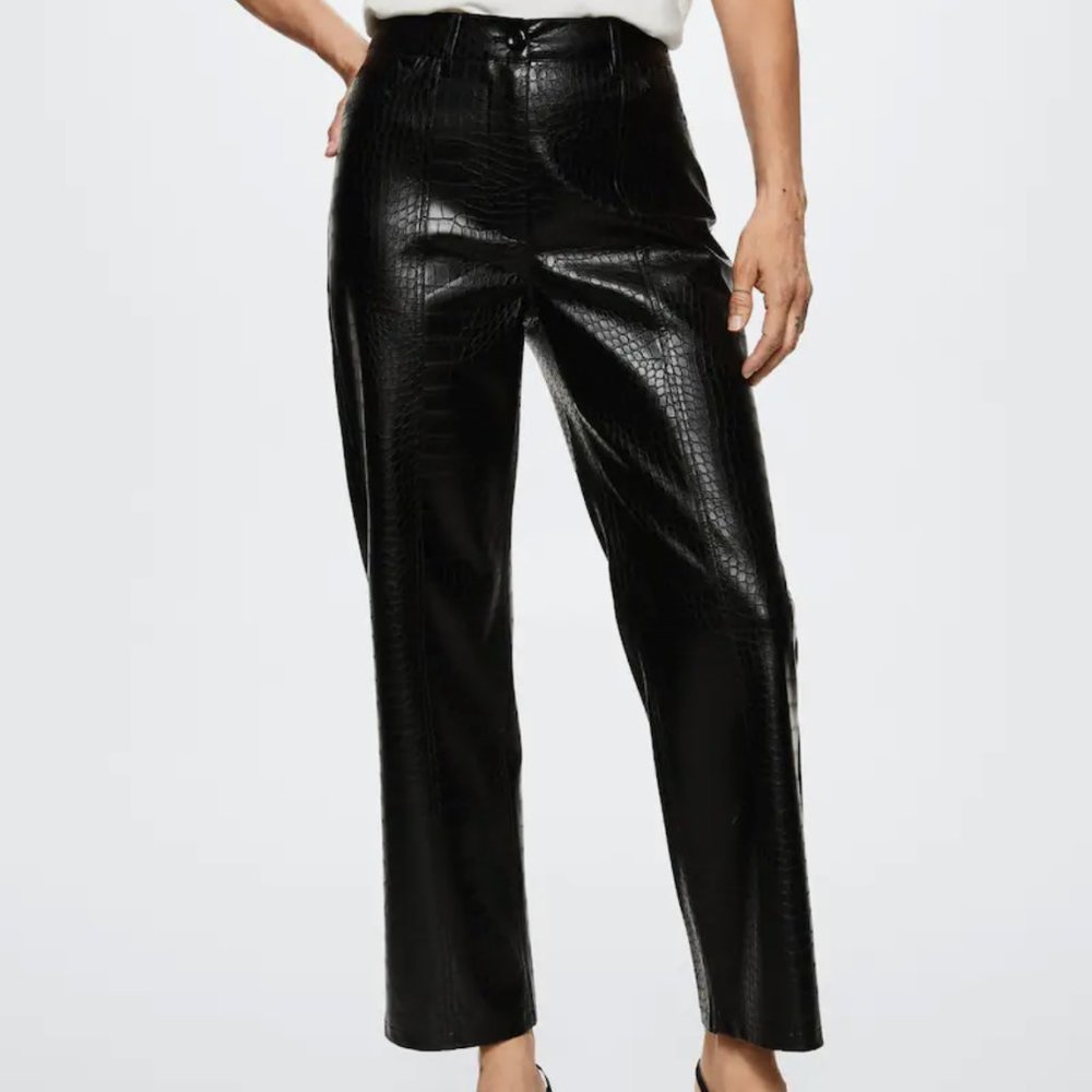 Textured Black Leather Pants from Mango